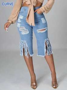 [柔软水洗大码七分裤] 弹力大码高腰破洞牛仔七分裤 - 柔软水洗蓝色，街头风格中长牛仔裤，休闲装，流苏下摆和毛边设计