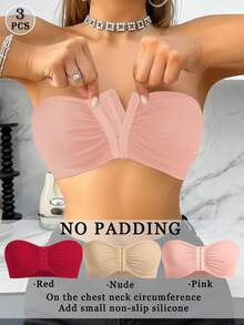 3 件套多色前扣文胸，无肩带无缝文胸，带钢圈和单层肩带，抹胸 - 彩色 - 查看 4