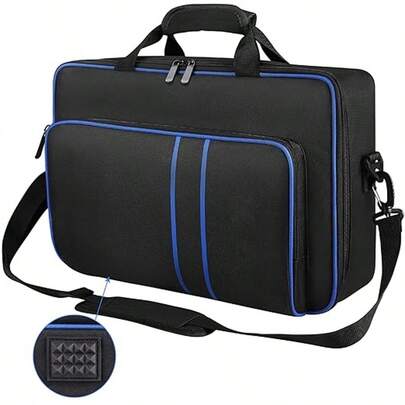 黑色便携式收纳袋，兼容 Playstation 5，可容纳游戏机、光盘、数字版、控制器和配件