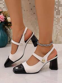 复古方头法式高跟凉鞋，时尚包头高跟鞋，性感优雅的粗跟玛丽珍鞋，亮面皮革，魔术贴闭合，适合约会、伴娘、所有季节 - 米色 - 查看 6