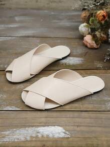 New Ladies Cross-Strap Flat Casual Versatile Black Comfortable Slippers, Solid Color Simple Elegant Ladies Flat Sandals For Dating