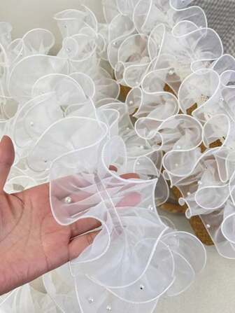 1 rouleau/1 m Ruban de tulle plissé et perlé de 12 cm de large, ruban d'organza perlé brillant ondulé pour la décoration florale, les bouquets, l'emballage, longueur 2 m