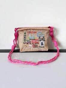 1pc New Fashion Casual Versatile Embroidered City Pattern Nylon Adjustable Shoulder Strap Sling Tote Bag With Strap