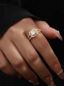 5pcs Set Copper Micro-Inlaid Zirconia Geometric Elegant Rings, Suitable For Party, Wedding, Bride, Holiday, Gathering, Everyday Wear