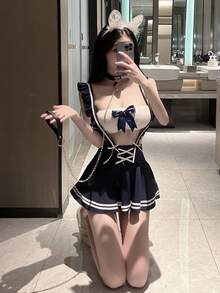 （蝴蝶结需自行系好）1件装 女式可爱学院风 JK 角色扮演直播舞台表演露脐上衣套装，性感制服套装，春季派对礼服 - 藍白色 - 查看 5
