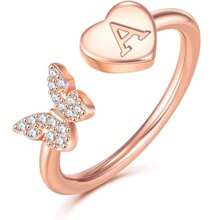 TUANZISP 1pc Elegant Copper Butterfly Heart Letter Ring, Adjustable Personalized Initial A-Z Rings, Fashionable & Casual Jewelry Gift For Women
