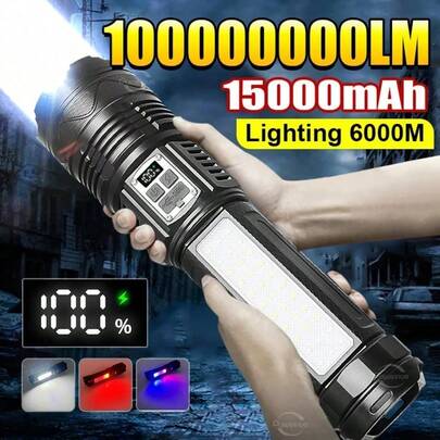 1000000LM Most Powerful LED Flashlight Rechargeable Type-C Flashlight Long Range 6000M Tactical Torch Light For Fishing Hunting