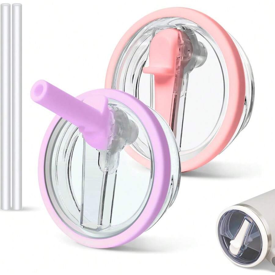 2 PCS 40oz Spill Proof Tumbler Flip Straw Lid For Cup, Leak Proof Tumbler Lid Replacement Fit For , Reusable Tumbler Cover 40oz Cup Accessories - hồng + tím nhạt - Xem 1