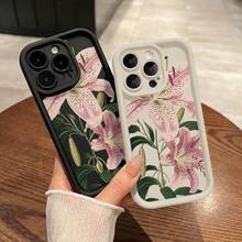 Vintage Floral Lily Pattern TPU Phone Case For IPhone 16 15 14 Pro Max 13 12 11 XR XS Plus Shockproof Drop Protection Rugged Durable Silicone Cover Cellphone Protective Flower Casing - 酒紅色 - 查看 4