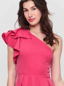 CEYLEN Women's Solid Color One Shoulder Ruffle Sleeve Elegant Mid-Length Dress - Pink - View 2