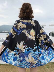 复古中国风可爱仙鹤印花罩衫、和服外套、沙滩罩衫、夏季防晒泳装