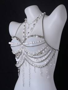 Unisex Sexy Body Chain, Pearl Necklace Lingerie, Alluring Exotic Transparent Bra Decor, Suitable For Party, Holiday, Nightclub, Music Festival - A - 查看 10