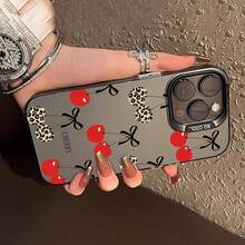 Fashion Cherry & Leopard-Print Pattern Phone Case, Cute Phone Protective Cover, Phone Accessory Compatible With IPhone 11 12 13 14 15 16 Pro Max/Pro/Plus - Black - View 6