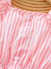 2pcs Young Girls Summer Outfit: Floral & Stripe Print Flutter Sleeve Button Decor Top And Floral Printed + Solid Color Sleeveless A-Line Skirt Set - Pink - View 3