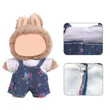 1 set composé de : 1. T-shirt blanc avec imprimé d'étoiles arc-en-ciel et de feux d'artifice, avec pantalon à bretelles bleu. 2. T-shirt rayé noir avec imprimé floral et ours, avec pantalon à bretelles. Nouveau vêtement mignon et à la mode pour poupées, en tissu polyester doux, convient aux filles de 3+ ans, étudiants, enfants, jouets et accessoires de poupée, cadeau pour fête et anniversaire