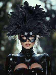 2 件黑色猫女羽毛面具化妆舞会头饰歌舞女郎角色扮演配饰万圣节 - 黑色 - 查看 1