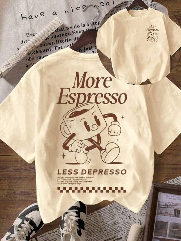 Coffee Club Graphic Loose Round Neck Short Sleeve T-Shirt For Women, Casual Summer Outfit