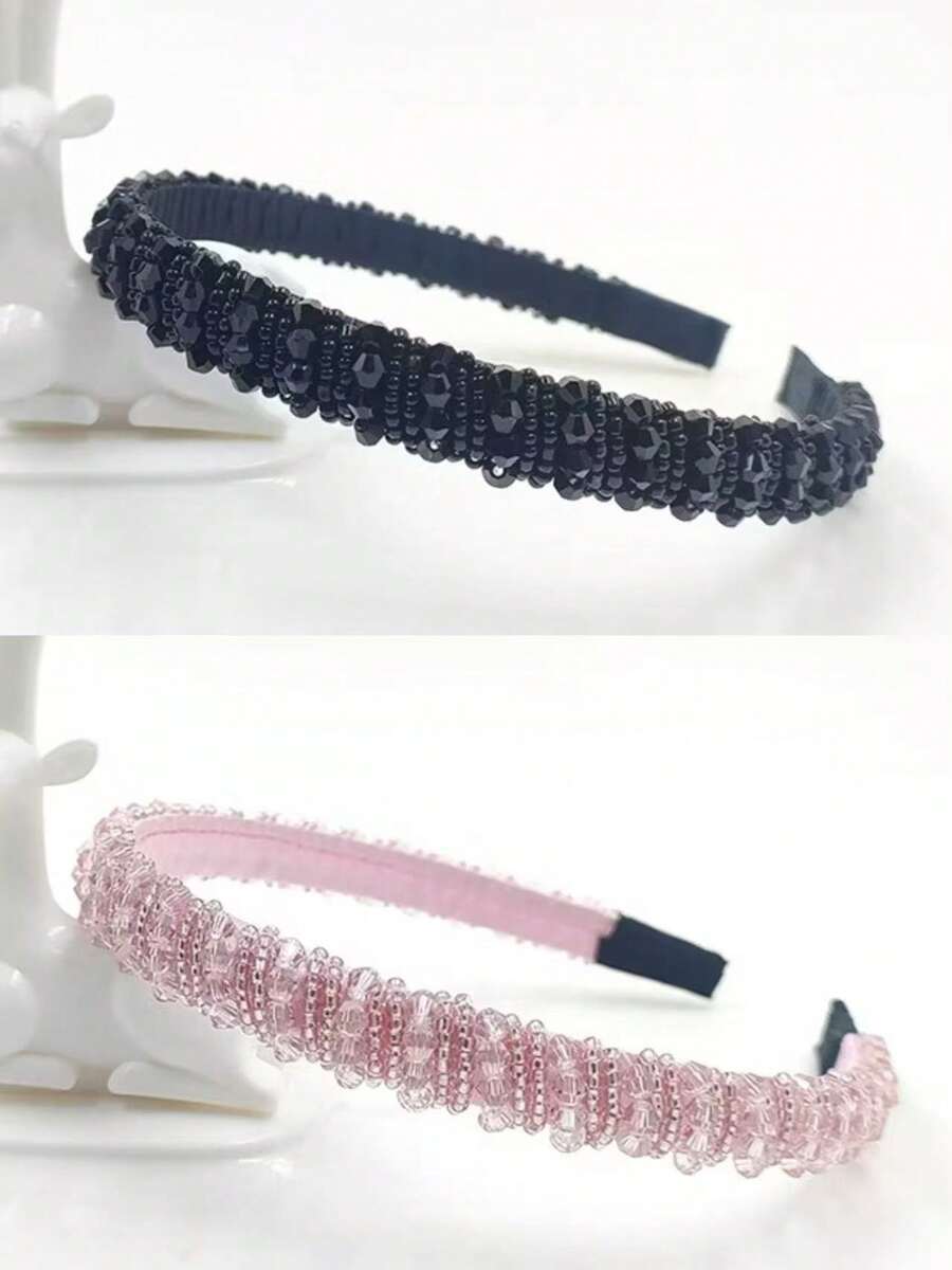 1KIT/2 Pieces Fashion Crystal Tiara And Colorful Hair Beads. - Black and Pink - View 1