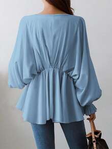 Women's Casual Asymmetric V-Neck Pleated Waist Loose Lantern Sleeve Long Sleeve Shirt, Spring/Summer - Blue - View 2