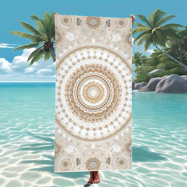 منشفة شاطئ مندلا كبيرة الحجم - بوهيمي سريعة الجفاف خفيفة الوزن خالية من الرمال ناعمة جداً، 160 * 80 سم، بيج وذهبي، مناسبة للشاطئ والحمام والسفر والملحقات الجانبية للمسبح، تصميم أنيق، ملمس ناعم