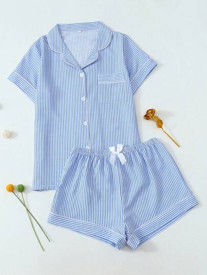 2pcs Striped Print Short Sleeve Top & Shorts Women Pajama Set, Cool Light Blue