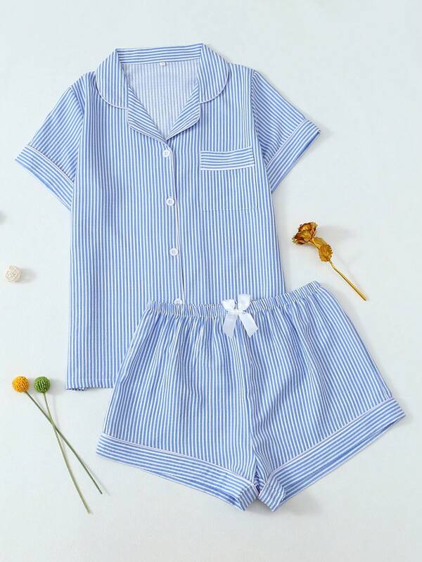 2pcs Striped Print Short Sleeve & Shorts Women Pajama Set