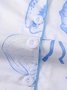 2件套女童睡衣，儿童轻薄开衫短袖白色底贝壳卡通印花家居服，舒适透气，适合户外穿着，夏季假期，适合青少年女孩 - 白色 - 查看 7