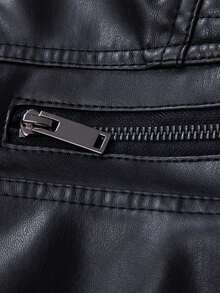 男士长袖立领修身仿皮摩托车夹克，休闲百搭 - 黑色 - 查看 7