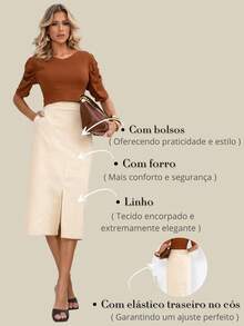 Linen Midi Skirt With Stylish Slit And Flexible Waist - Cream - View 6