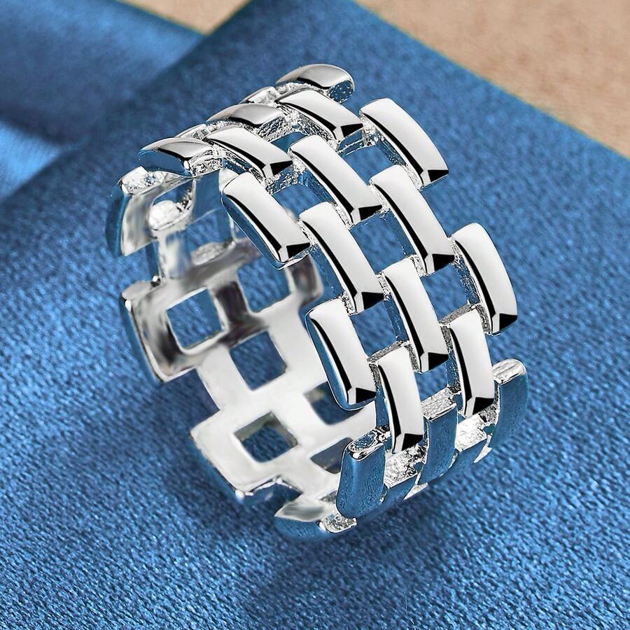 925 Sterling Silver Plated Ring With Weave Hollow Design For Man Ladies Fashion Jewelry Wedding Engagement Party Creative Accessory For Daily Wear & Vacation Idea Gift - Silver - View 1