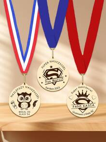 1pc Wooden Personalised Graduation Medals, Handmade Nursery And School Leavers Gifts, Personalised Nursery School Graduation Medals,Personalised Teacher Medal Gift Thank You Award School Hero Congratulations Best Teacher In The World - Red and Blue - View 8