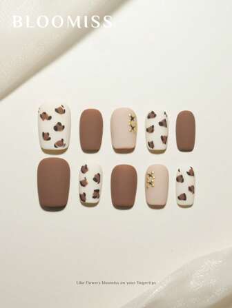 10 片手工制作短款按压式指甲，豹纹指甲，可重复使用假指甲美甲用品