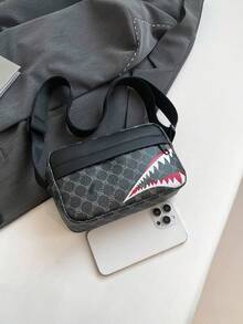 1 pezzo Borsa a tracolla casual da uomo con motivo geometrico stampato in PU nero liscio e zip, di design alla moda piccolo quadrato, borsa messenger con motivo a bocca di squalo aziendale