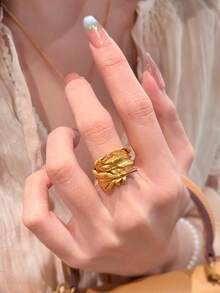 1 件法式奢华复古新中式羽毛包裹不对称个性化戒指，精致百搭，适合女性日常佩戴、节日、派对、女友礼物 - 金色 - 查看 6