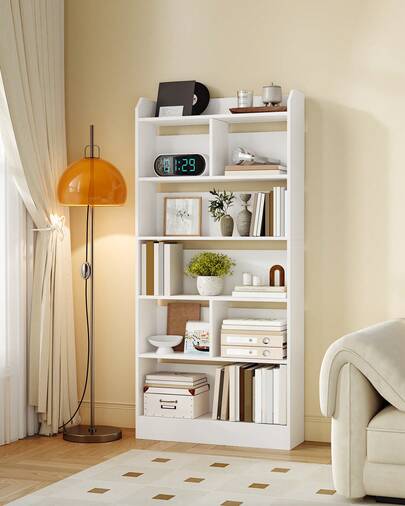 HEXCELEN Libreria, libreria, con 6 scomparti, ripiano portaoggetti, scaffale in piedi, per soggiorno, ufficio, camera da letto, 24 x 80 x 170 cm, bianco