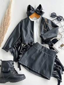 Skirt Set With Fringed Leather Jacket - Country - Cowboy - Children's - Black - View 6