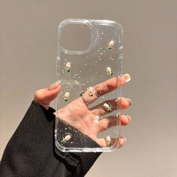 1 pieza Funda de teléfono de resina 3D con flor de tulipán compatible con iPhone 15, funda transparente con brillo antiimpactos compatible con iPhone 16/13/14/11, funda protectora de teléfono refrescante de primavera/verano resistente al agua, a los golpes y a los arañazos
