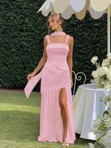Women's Summer Solid Color Chiffon Patchwork Dress With Waist Tie Sash - Pink - View 3