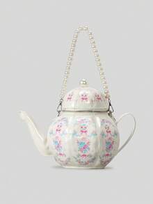 Sweet Girl Retro Lolita Pearl Chain Printed Teapot Handbag Creative Single Shoulder Crossbody Bag Personalized Handbag