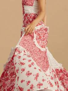 Summer Dresses For Women Boho Y2K Floral Maxi Dress Cute Lace Patchwork Ruffle Flowy Long Dress Sexy Spaghetti Strap Deep V Neck Backless Dresses Low Cut Beach Vacation Sundress - Đỏ - Xem 5