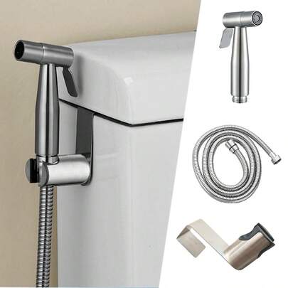 Bộ phụ kiện nhà vệ sinh ba món bằng thép không gỉ màu bạc, vòi xịt vệ sinh kèm vòi sen và giá treo, phụ kiện nhà tắm, dụng cụ phòng tắm.