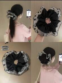 1pc Vintage French Double-Layer Mesh Black Polka Dot Elastic Hair Scrunchie, Versatile Fashion Hair Accessory Suitable For Party, Wedding, Formal Occasions