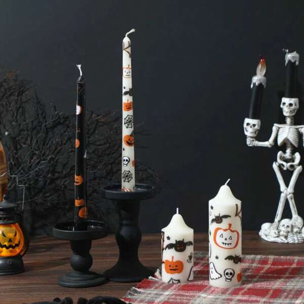 Velas en forma de cono para decoración de Halloween, set de velas para cena en casa sin humo ni goteo, pegatinas de velas de Halloween, portavelas para decoración del hogar y fiestas, con elementos de terror y festivos