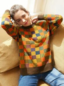 Knit Mix 优雅女士时尚格子针织毛衣，宽松圆领长袖套头衫，适合圣诞节、感恩节、新年、休闲场合穿着，随机图案设计，也适合返校季和秋冬季节穿着。 - 彩色 - 查看 11