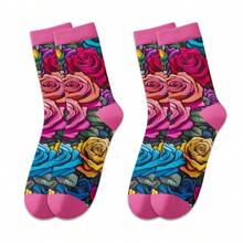 1 Pair Multicolor Rose Pattern Socks, Vibrant Rose Design Suitable For Any Occasion, 360 Digital Printing Mid-Calf Socks With Random Floral Prints, Nordic Style, Polyester, Seasonal, Fall - Multicolor - View 11