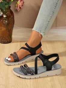 Women's Strap Hook And Loop Sandals, Summer Cross-Strap Casual Fashion Light Wedge-Heel Sandals With Boho Chinese Style Rhinestones, For Outdoor Spring/Summer