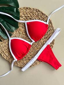 String Bikini With Ribbon/Thong - Czerwony/biały - Zobacz 2