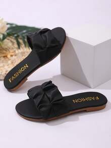 1 双儿童/幼儿黑色平底柔软 PU 波浪褶皱一脚蹬沙滩凉鞋，圆头设计，休闲家居拖鞋，适合女孩、沙滩、日常穿着、夏季 - 黑色 - 查看 6