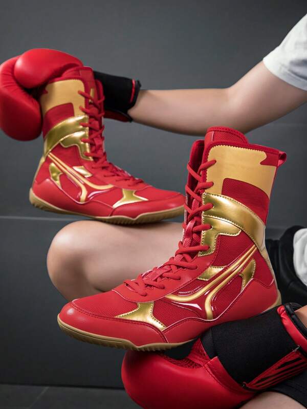 TOLLN 1 Pair Men's Colorblock Splice Synthetic Leather & Mesh Indoor Fitness Boxing Training Shoes, Non-Slip Workout Sneakers For Gym, All Seasons