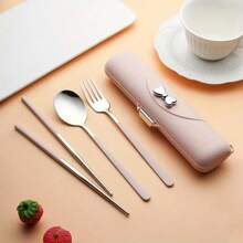 1pc Portable Bowknot Design Cutlery Set - 3pcs Stainless Steel Utensils With Plastic Handles, Including Spoon, Fork, Chopsticks And Storage Box - Stylish Travel Cutlery Set